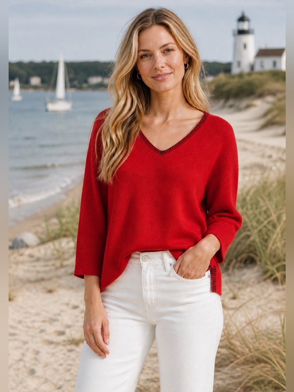 Knit Cotton Sweater Red with Black Trim